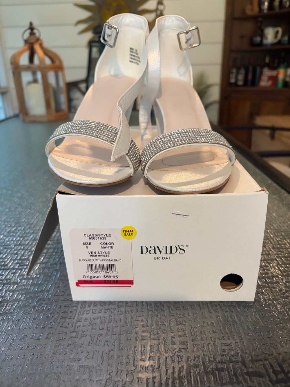 David's Bridal White Satin Crystal-Embellished Block Heel Sandals